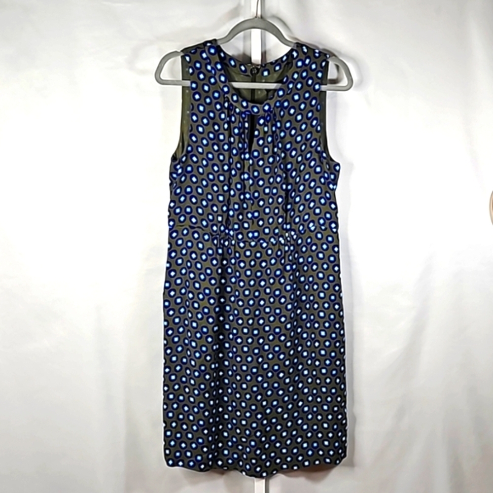 J Crew Moss Green and Blue Geometric dress keyhole neck line Size 12